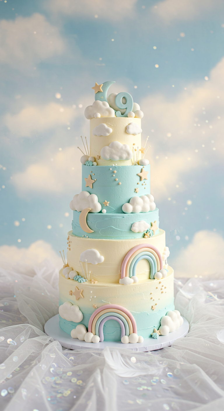 Mehrstöckige Pastelltorte mit Wolken, Regenbögen, Sternen und Monden.