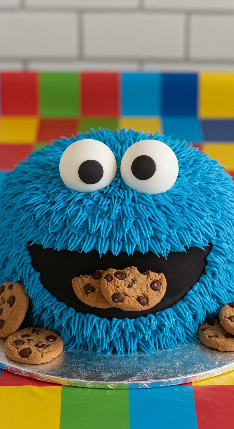 Blaues Krümelmonster Torte mit großen Augen und Keksen im Mund.