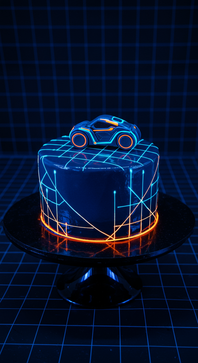 Dunkelblaue runde Torte mit leuchtenden orange-blauen Linien und einem Tron-Lichtrenner als Topper
