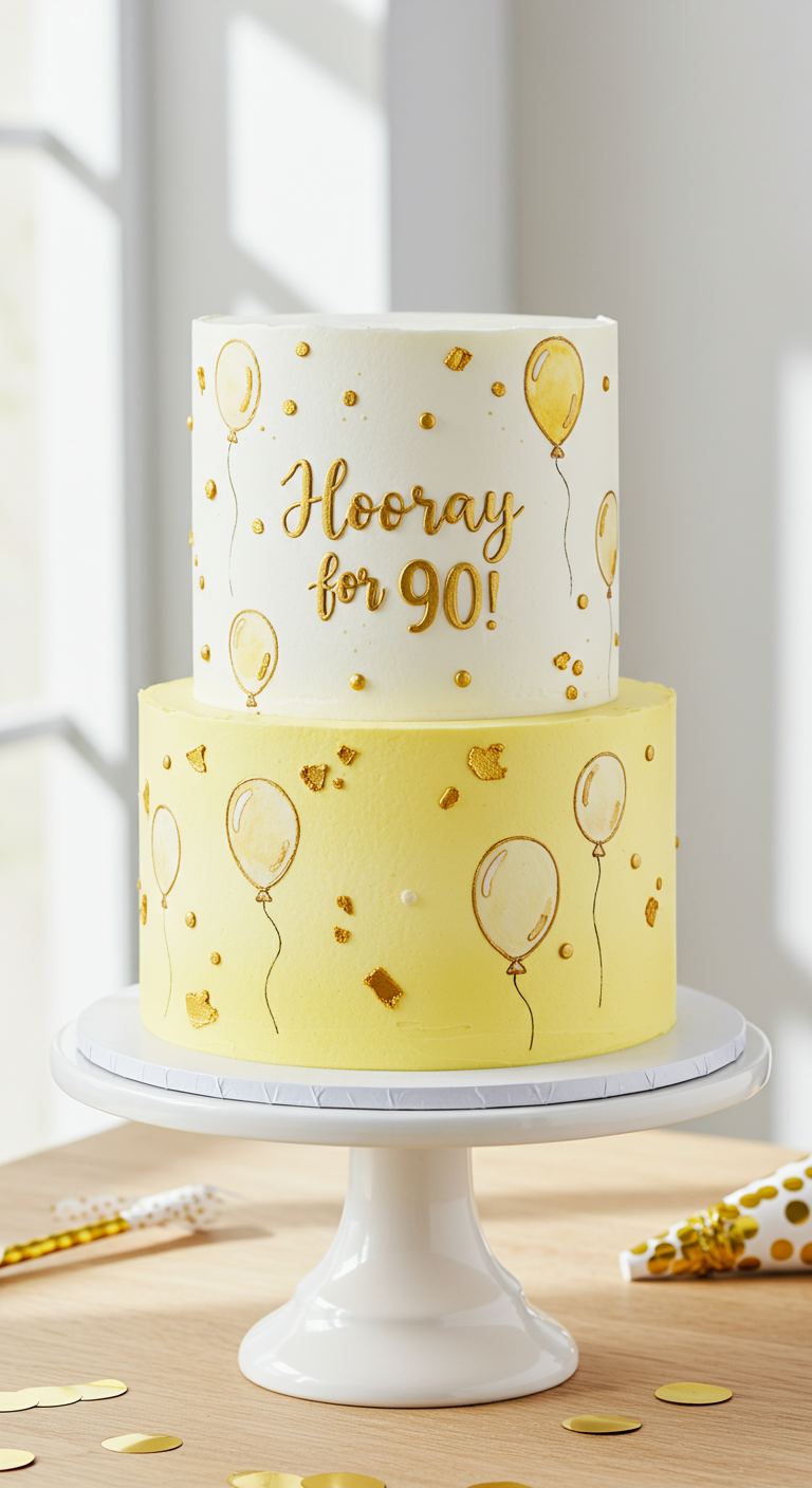 Zweistöckige Torte in Weiß und Gelb mit gemalten goldenen Luftballons und Schriftzug.