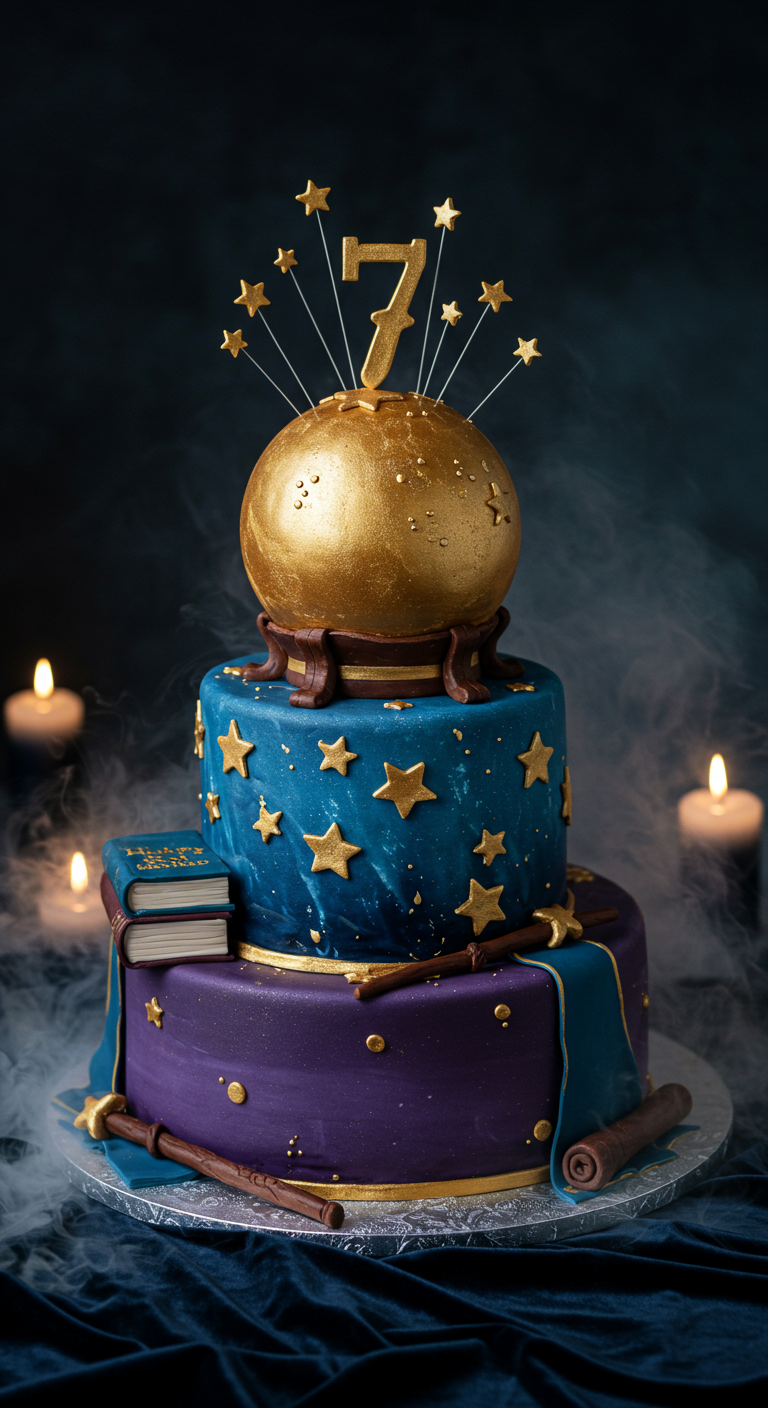 Dunkelblaue und lila Zauberer-Torte mit goldener Kugel, Sternen und Buch.