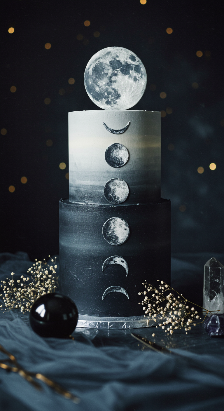 Zweistöckige dunkle Torte mit Mondphasen-Dekor und großem Vollmond-Topper.