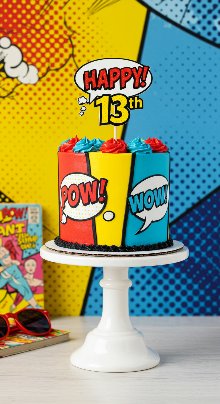 Knallbunte Torte im Comic-Stil mit Sprechblasen und