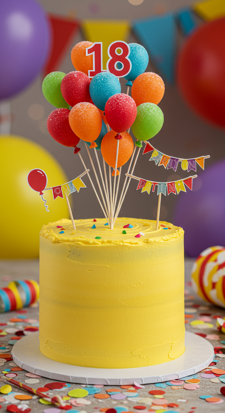 Gelbe Torte mit bunten Ballon-Cake-Pops und Party-Girlanden.