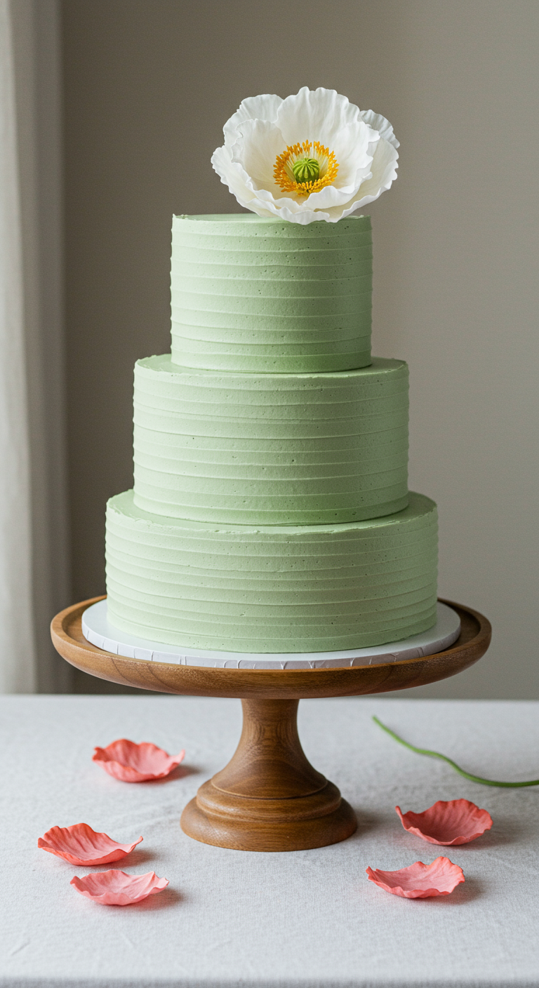 Dreistöckige hellgrüne Torte mit Rillenstruktur und einer großen weißen Mohnblüte.