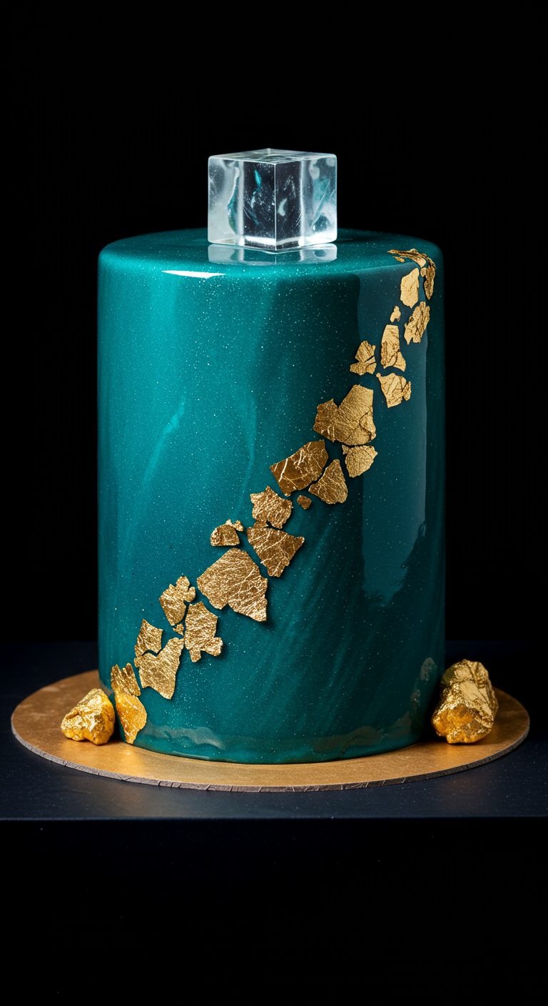 Hochglänzende petrolfarbene Torte mit diagonalem Streifen aus Gold-Nuggets und klarem Eiswürfel-Topper.