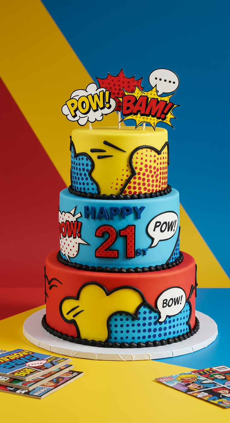 Dreistöckige Torte im bunten Comic-Pop-Art-Stil mit Sprechblasen.