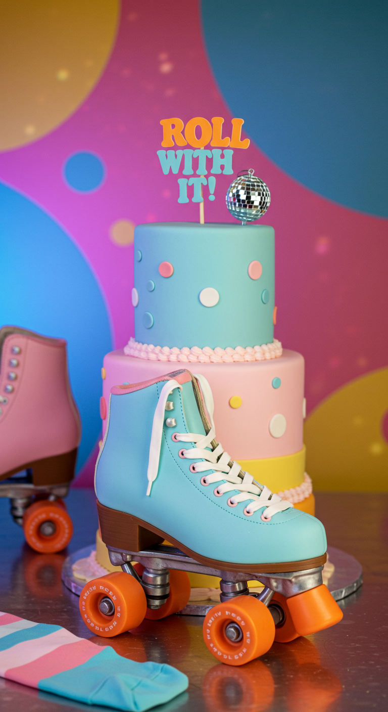 Pastellfarbene Torte mit großem blauen Rollschuh aus Fondant und Mini-Discokugel.