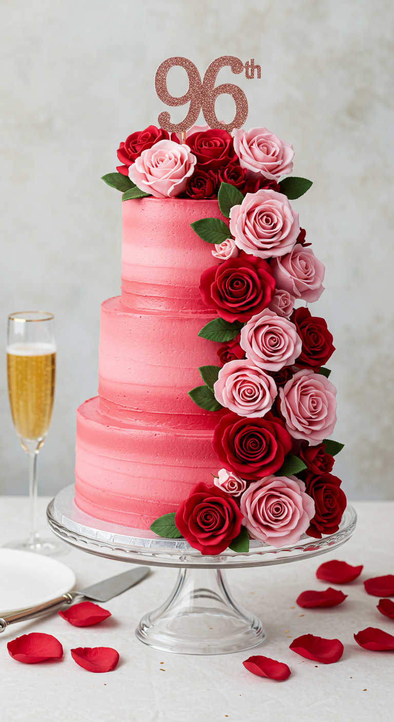 Dreistöckige pinke Ombré-Torte mit einer üppigen Kaskade aus roten und pinken Rosen.