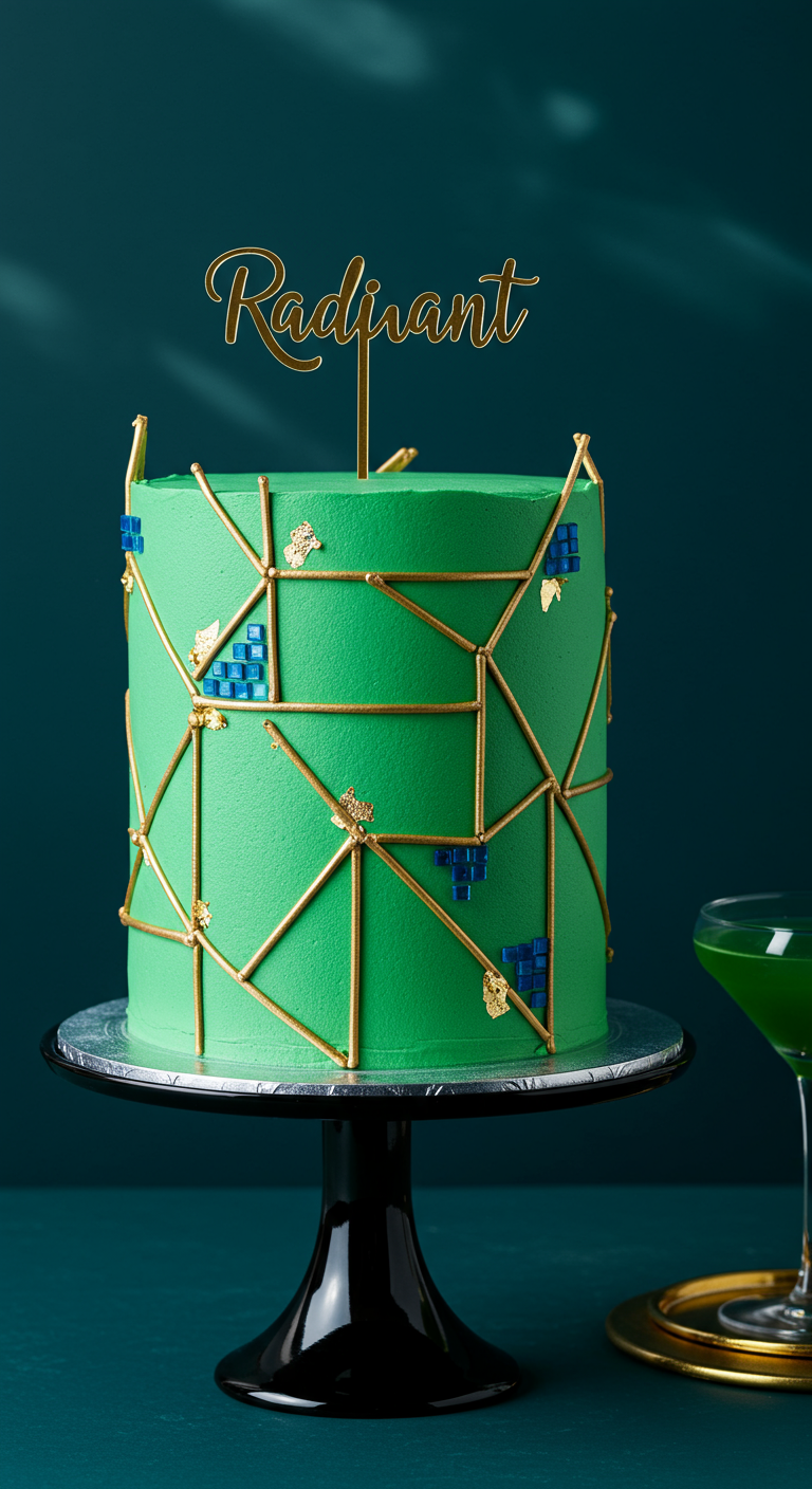 Grüne Torte mit goldenen geometrischen Linien und kleinen blauen Akzenten, 'Radiant' Topper.
