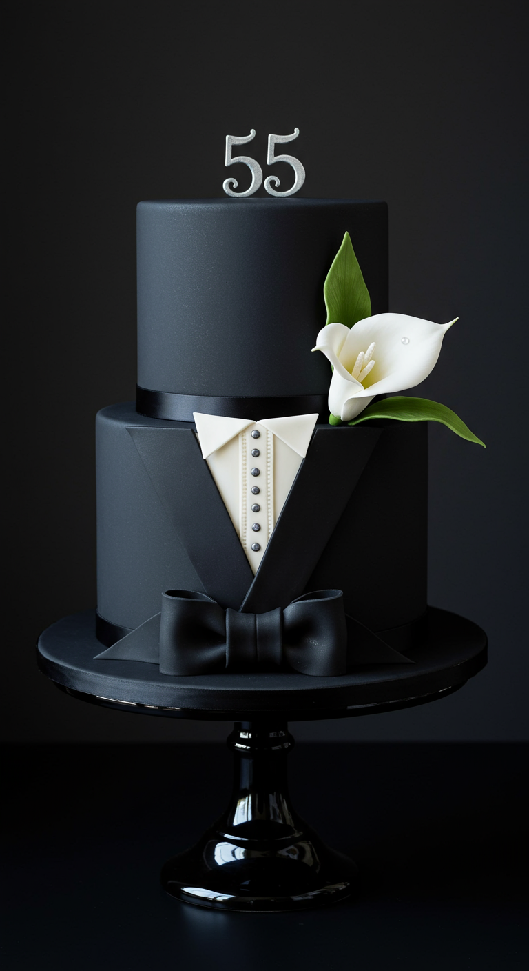 Zweistöckige schwarze Torte im Smoking-Design mit weißer Calla-Lilie.