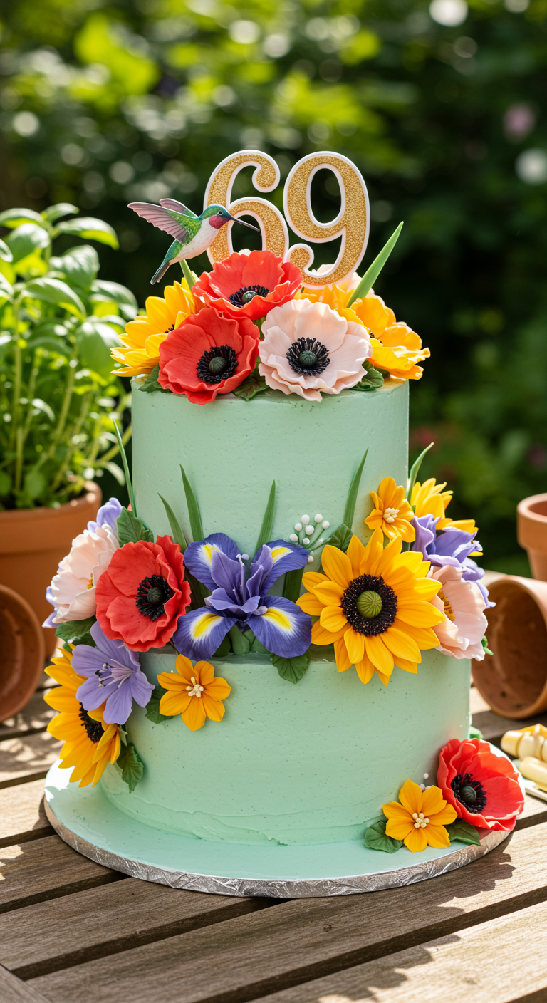 Zweistöckige mintgrüne Torte überbordend mit bunten Zuckerblumen und Glitzer-Zahl 69.