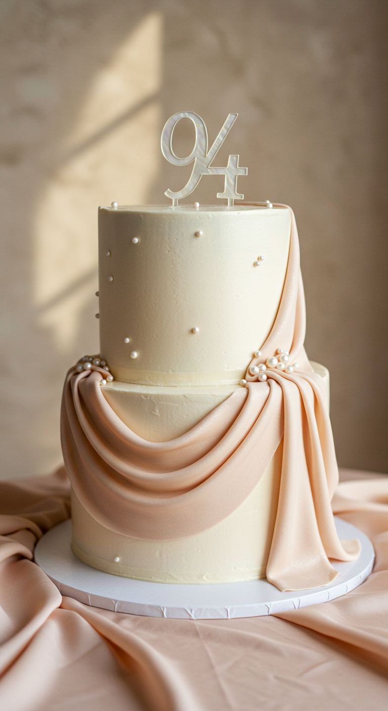 Zweistöckige weiße Torte mit elegantem Stoffdrapierungs-Effekt und Perlen.