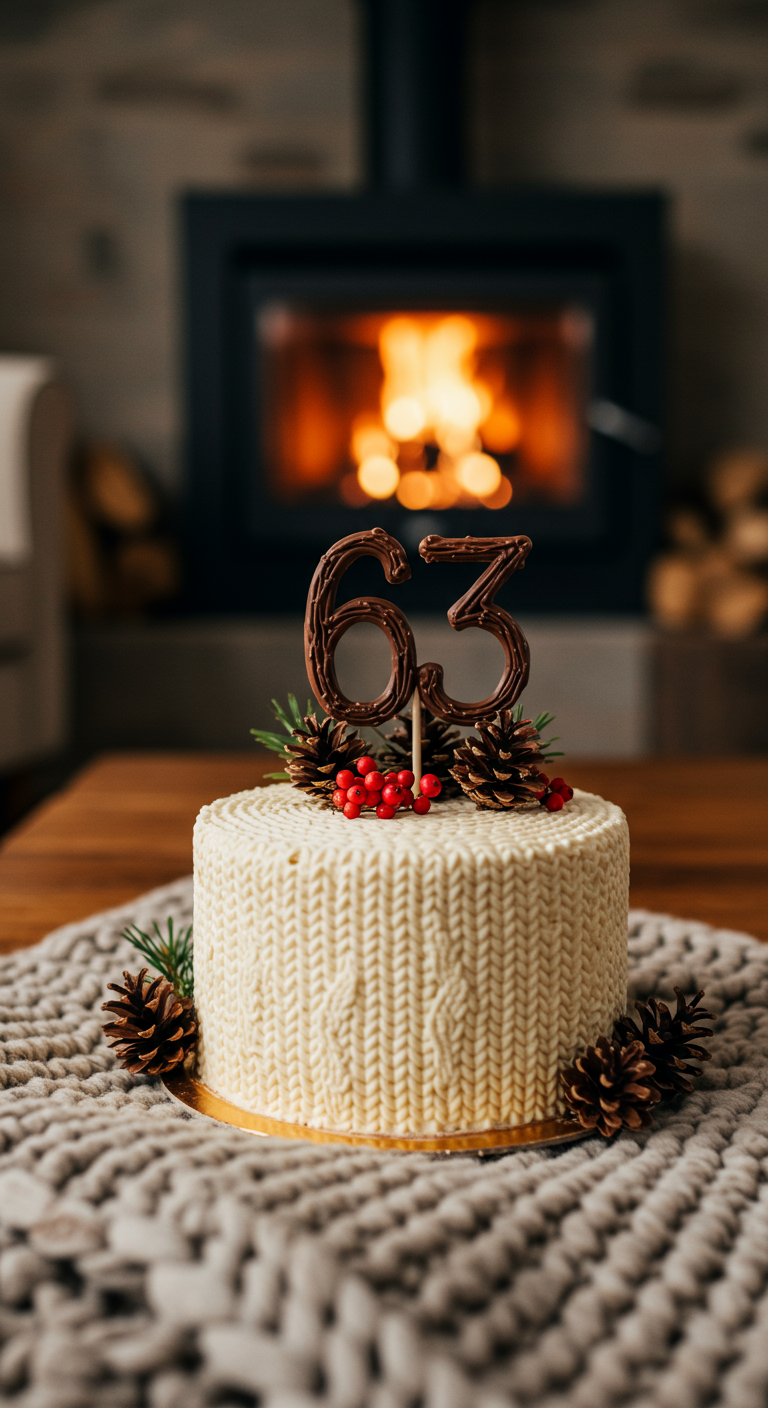 Weiße Torte mit Strickmuster-Textur, dekoriert mit einem Schokoladen-63-Topper und Tannenzapfen.
