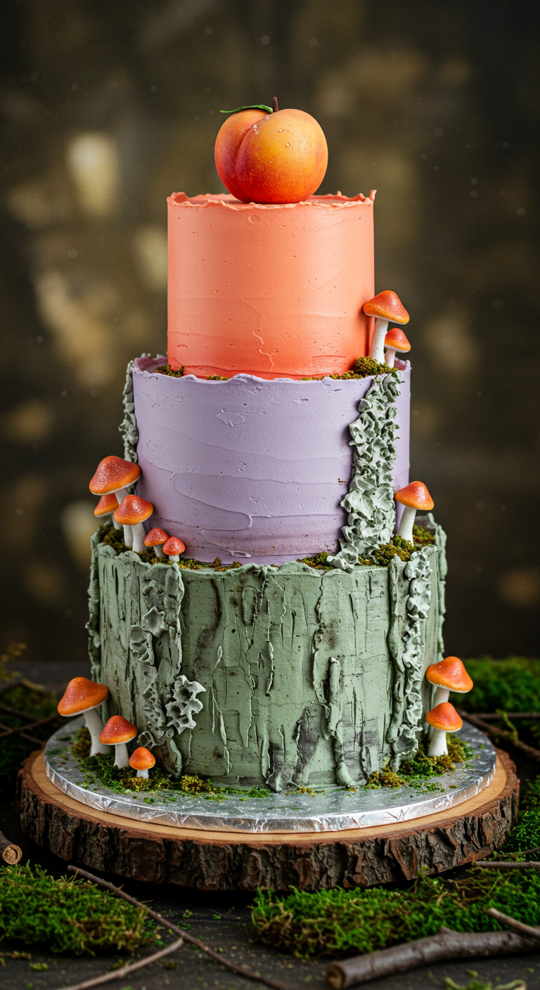Dreistöckige Torte mit Wald-Optik, Pilzen und einem ganzen Pfirsich obenauf.