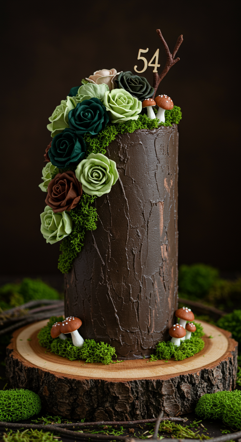 Hohe, schokobraune Torte in Baumstamm-Optik mit grünen Rosen, Moos und kleinen Pilzen auf Holzscheibe.
