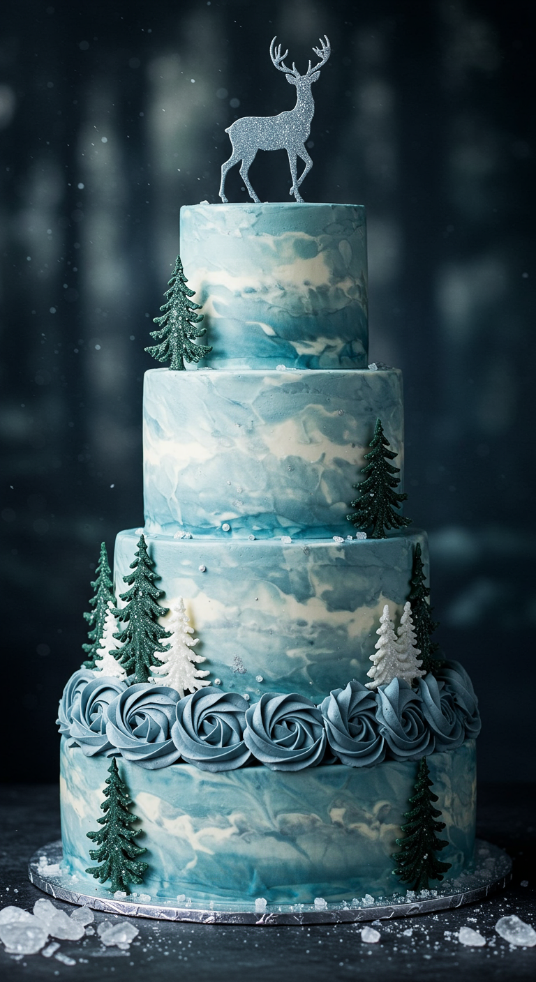 Mehrstöckige Wintertorte mit blau-weißem Marmor-Effekt, Tannenbäumen und Hirsch-Topper.