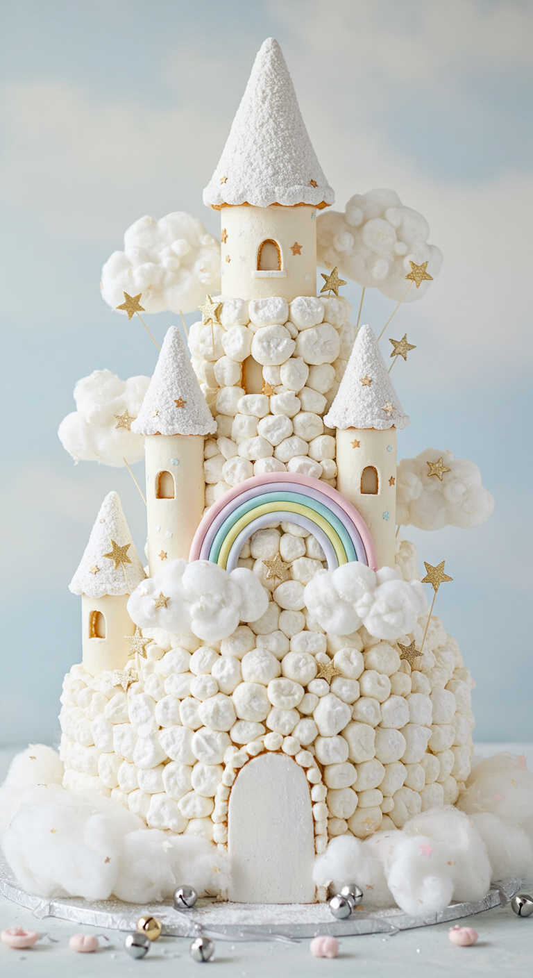 Hohe Torte in Form eines Schlosses, komplett bedeckt mit weißen Marshmallows und Zuckerwatte-Wolken.