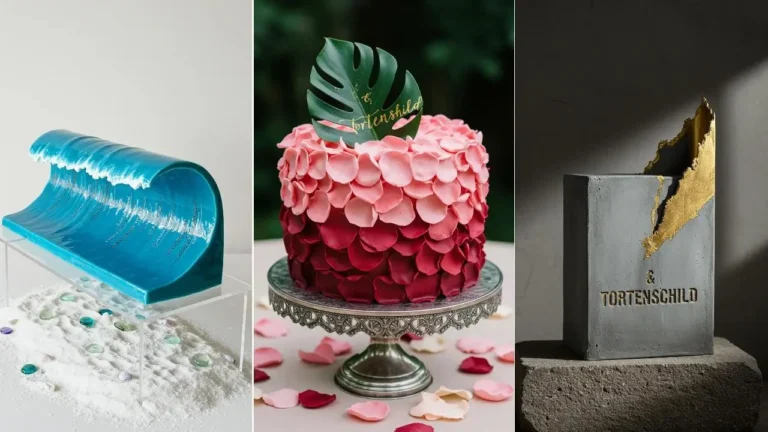 Kreative Hochzeitstorten-Schilder mit Schriftzug und Namen auf ungewöhnlichen Tortendesigns.