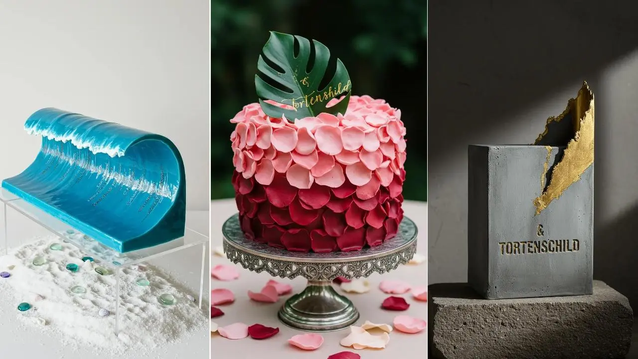 Kreative Hochzeitstorten-Schilder mit Schriftzug und Namen auf ungewöhnlichen Tortendesigns.