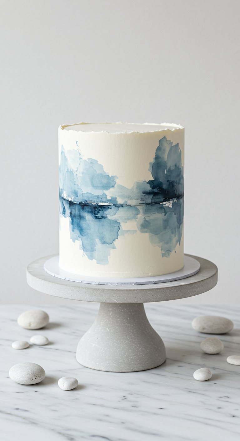 Weiße Torte mit blauen Aquarell-Farbklecksen und einem horizontalen Silberstreifen.