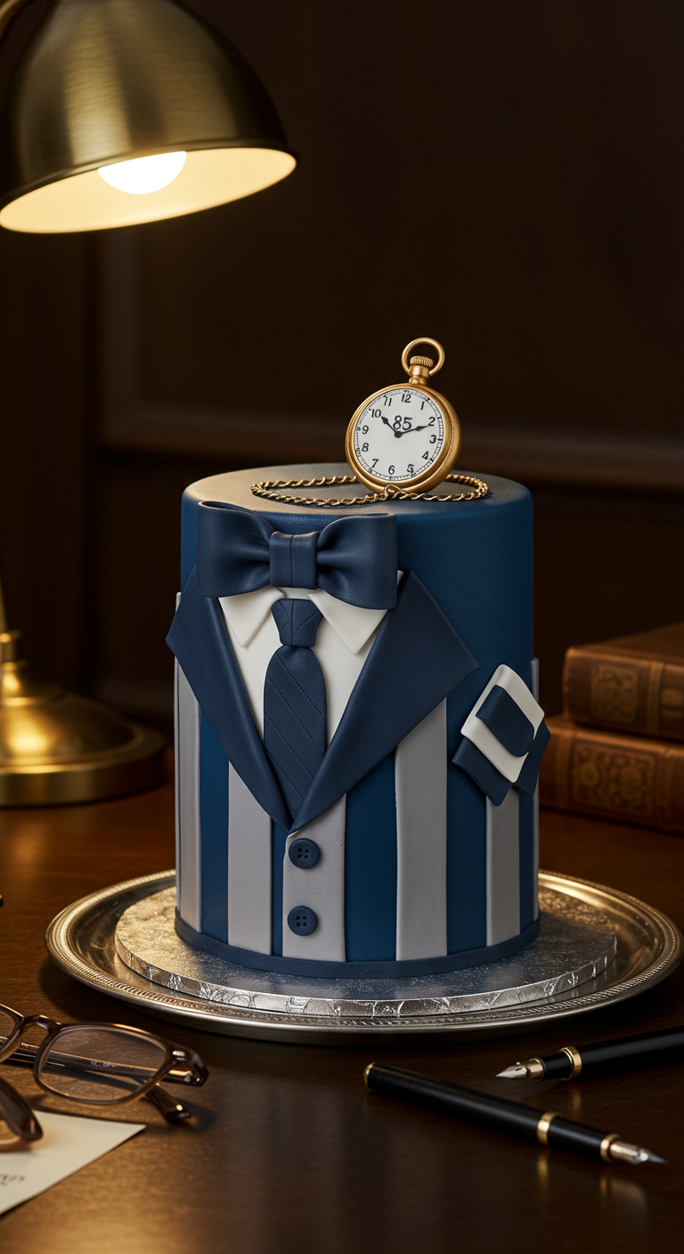 Dunkelblaue Torte gestaltet als Anzug mit Hemd, Fliege und Taschenuhr-Topper.