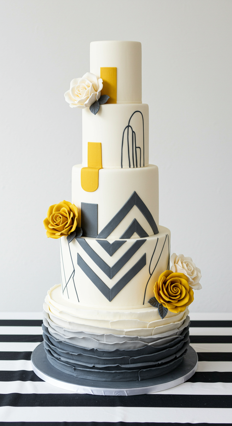 Mehrstöckige Torte mit geometrischen Mustern in Grau und Gelb, unteren Ombré-Rüschen und gelben Rosen.