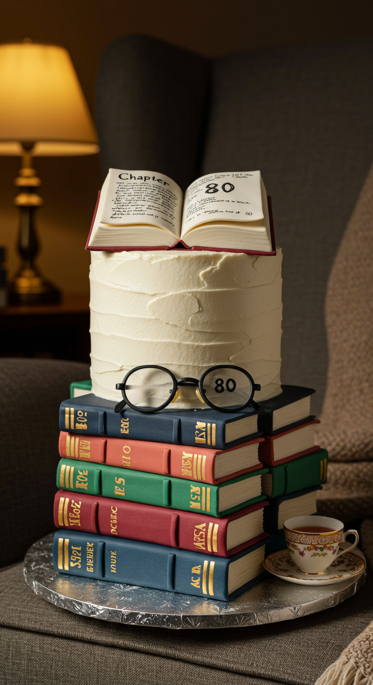 Torte als Bücherstapel mit einem aufgeschlagenen Buch und einer Lesebrille obenauf.
