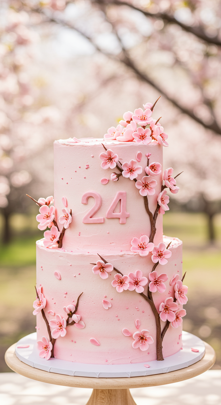 Zweistöckige rosa Torte mit modellierten Kirschblütenzweigen und rosa Zahl 24.