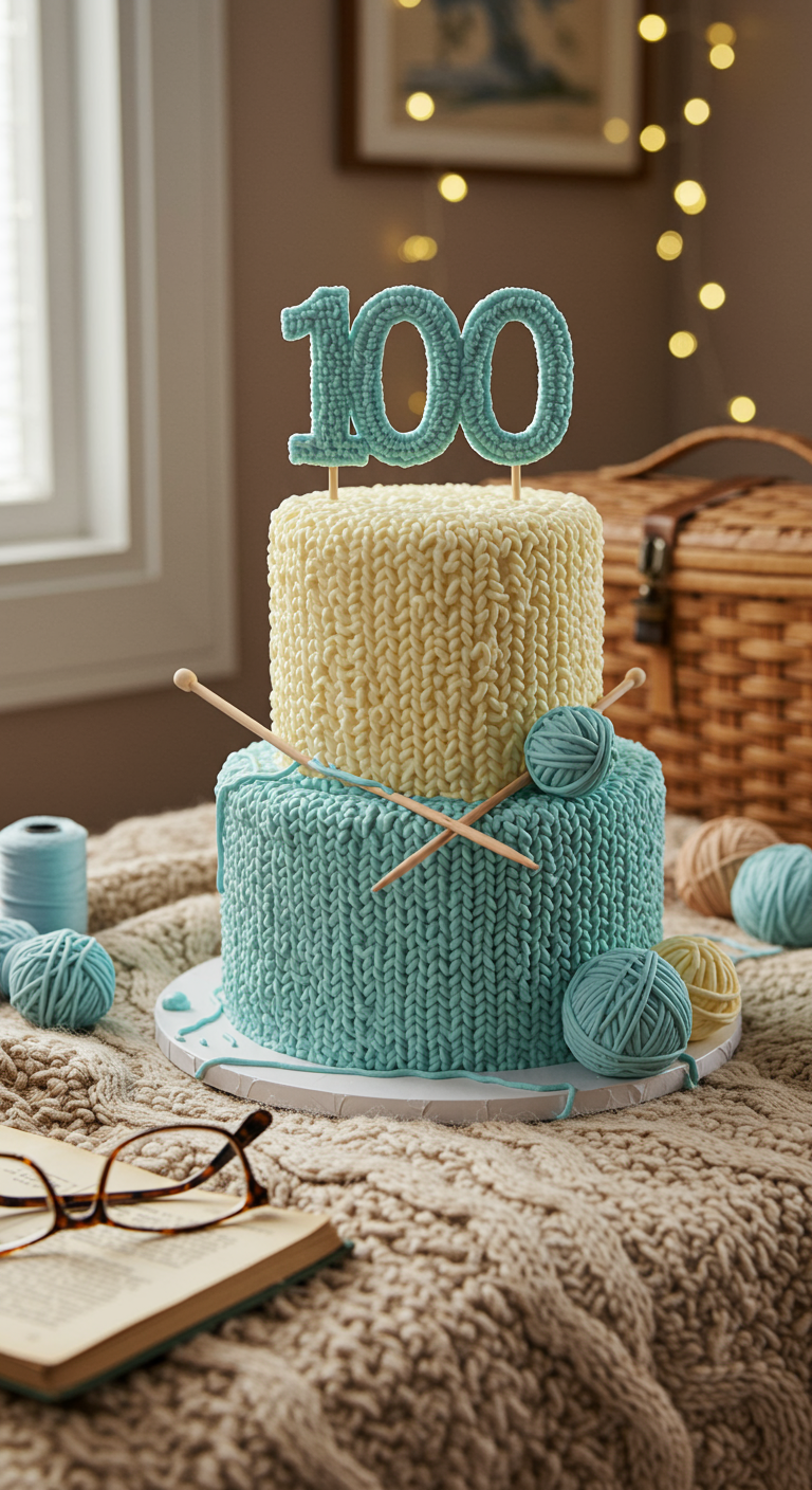 Zweistöckige Torte in Strickoptik mit Wollknäueln und Stricknadeln aus Fondant.