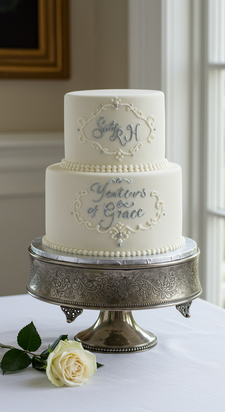 Weiße zweistöckige Torte mit silbernen Monogrammen und Schriftzügen.