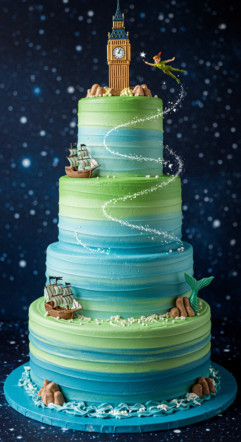 Mehrstöckige Peter Pan Torte mit Farbverlauf, Feenstaub und Schiffen.