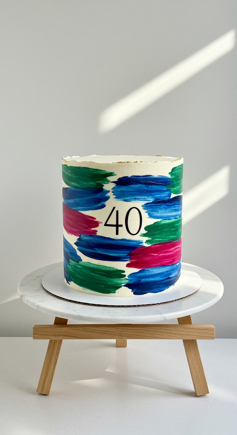 Weiße Torte mit bunten Pinselstrichen und schwarzer Zahl 40.