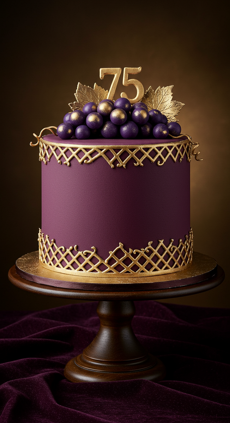 Violette Torte mit goldenem Gittermuster, goldenen Weinblättern, Trauben und 75-Topper.