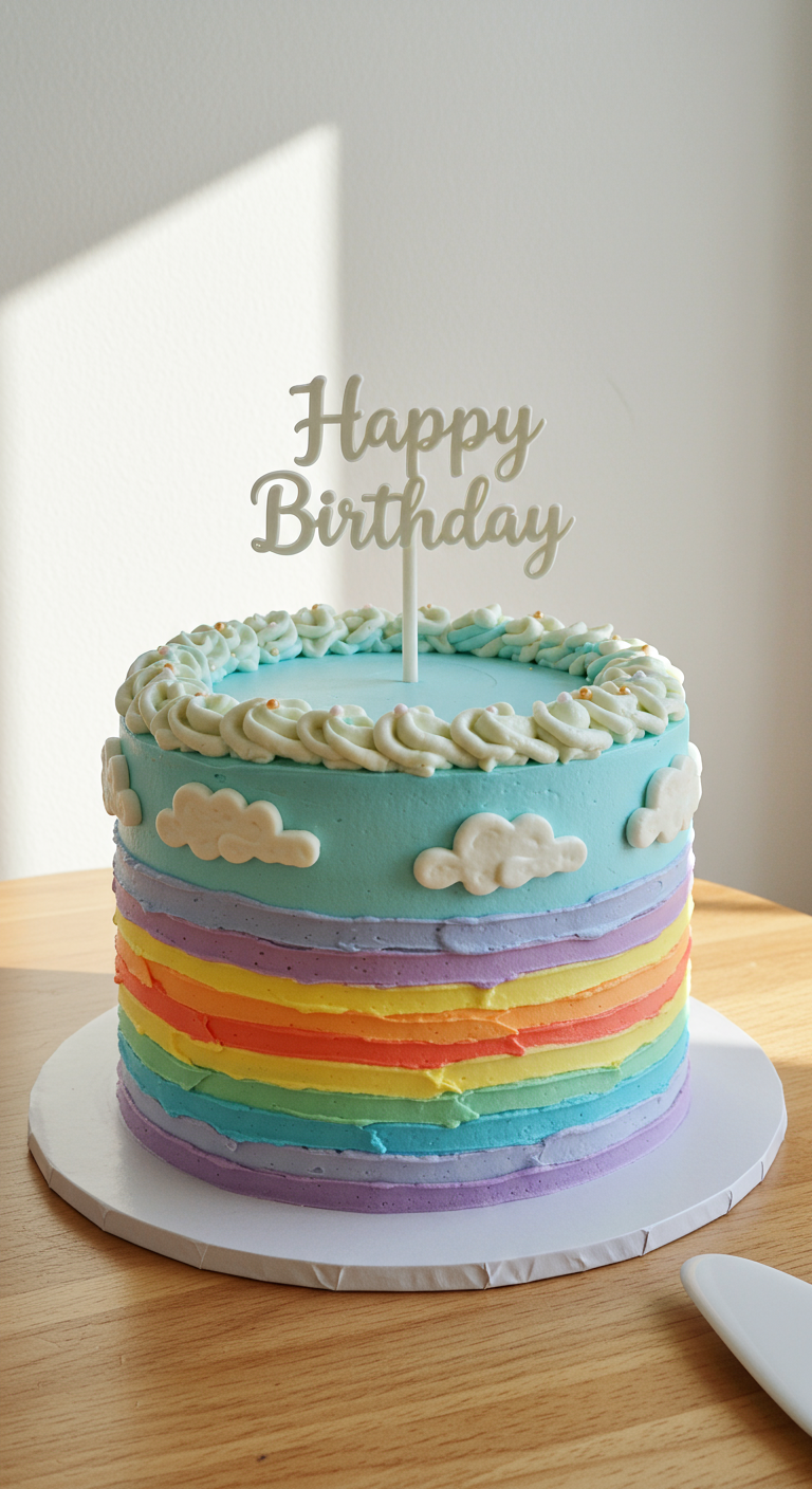Hellblaue Torte mit aufgespritzten Regenbogen-Streifen und Buttercreme-Wolken.