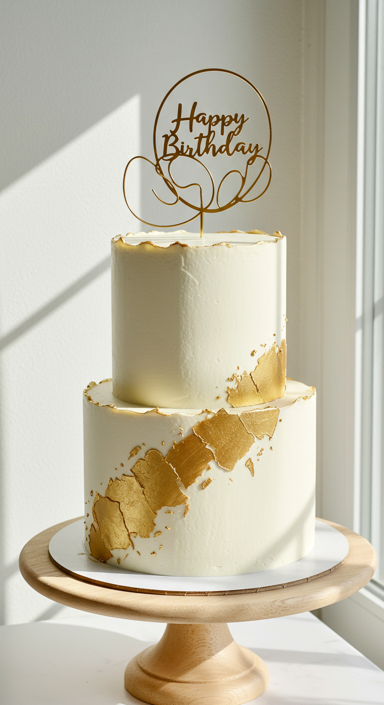 Zweistöckige cremeweiße Torte mit sanften goldenen Pinselstrich-Akzenten und Golddraht-Topper.
