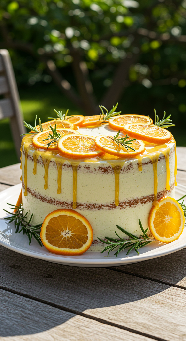 Helle Torte mit Orangenscheiben, Rosmarin und Orangen-Drip.
