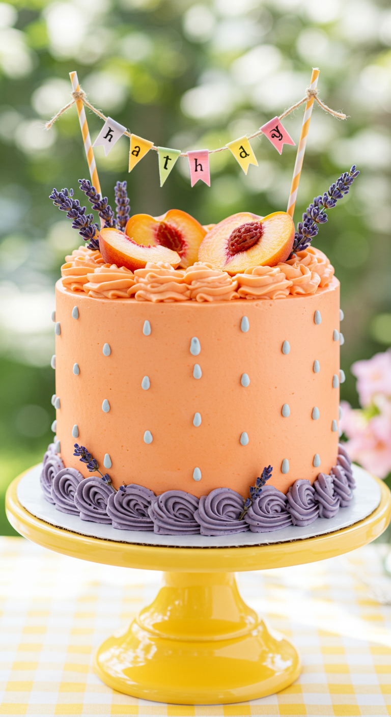 Orange Torte mit lila Buttercreme-Rosetten am Rand, Pfirsichen und Lavendel.