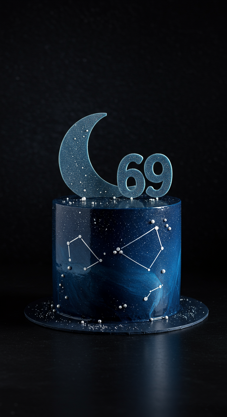 Dunkelblaue Torte mit Sternbildern, silbernen Perlen und Mond-Topper mit Zahl 69.