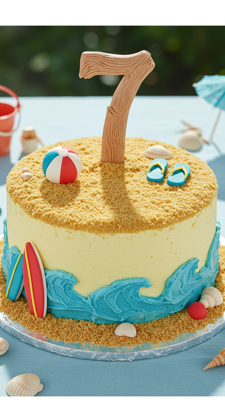 Strandkuchen mit Butterkeks-Sand, blauen Wellen und Mini-Flip-Flops.