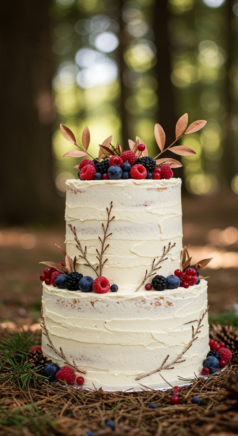 Zweistöckiger Semi-Naked Cake mit frischen Waldbeeren und bronzefarbenen Deko-Blättern.
