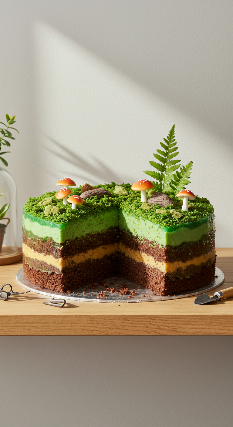 Angeschnittener Schichtkuchen mit Schoko- und Karamellschichten, obendrauf grünes Moos-Topping und Mini-Pilze.