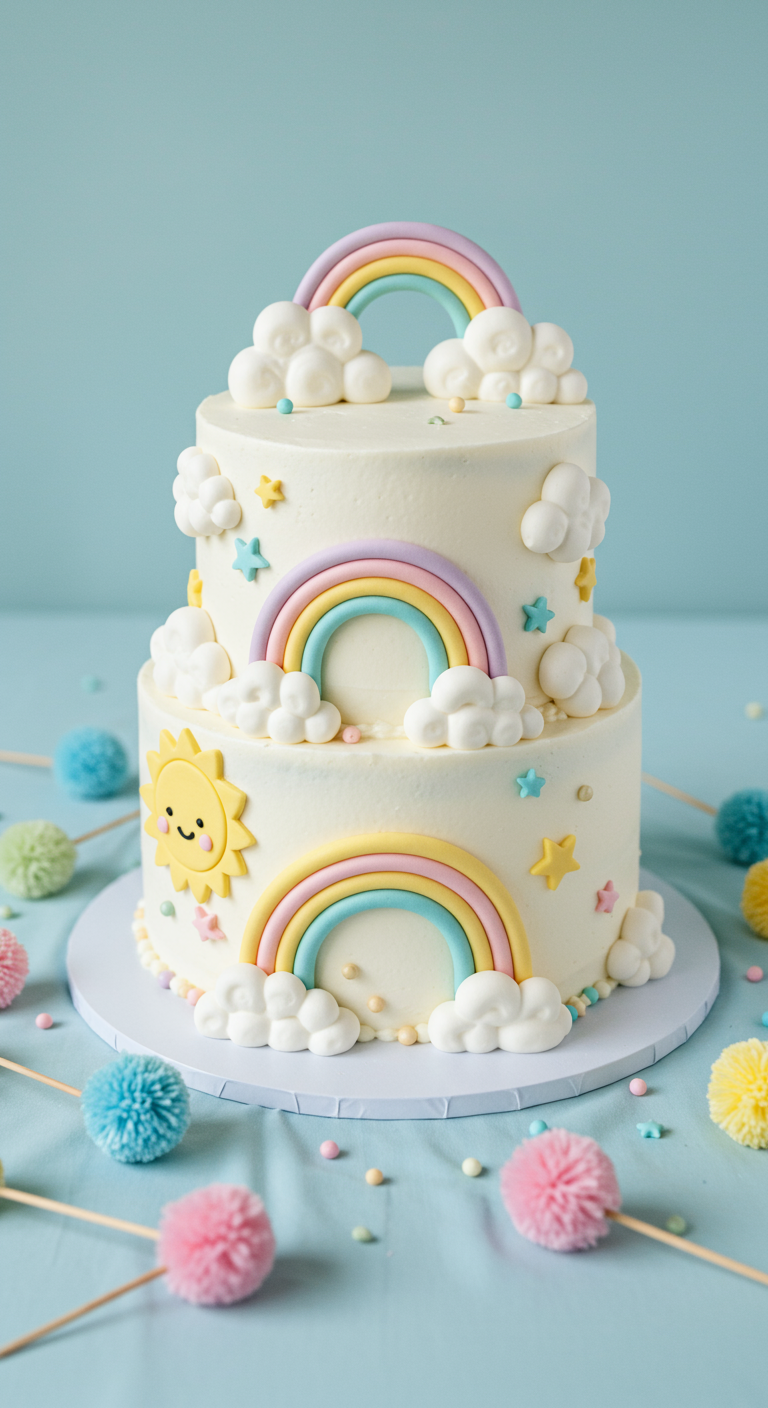 Zweistöckige weiße Torte mit pastellfarbenen Regenbögen, Wolken und einer Sonne.
