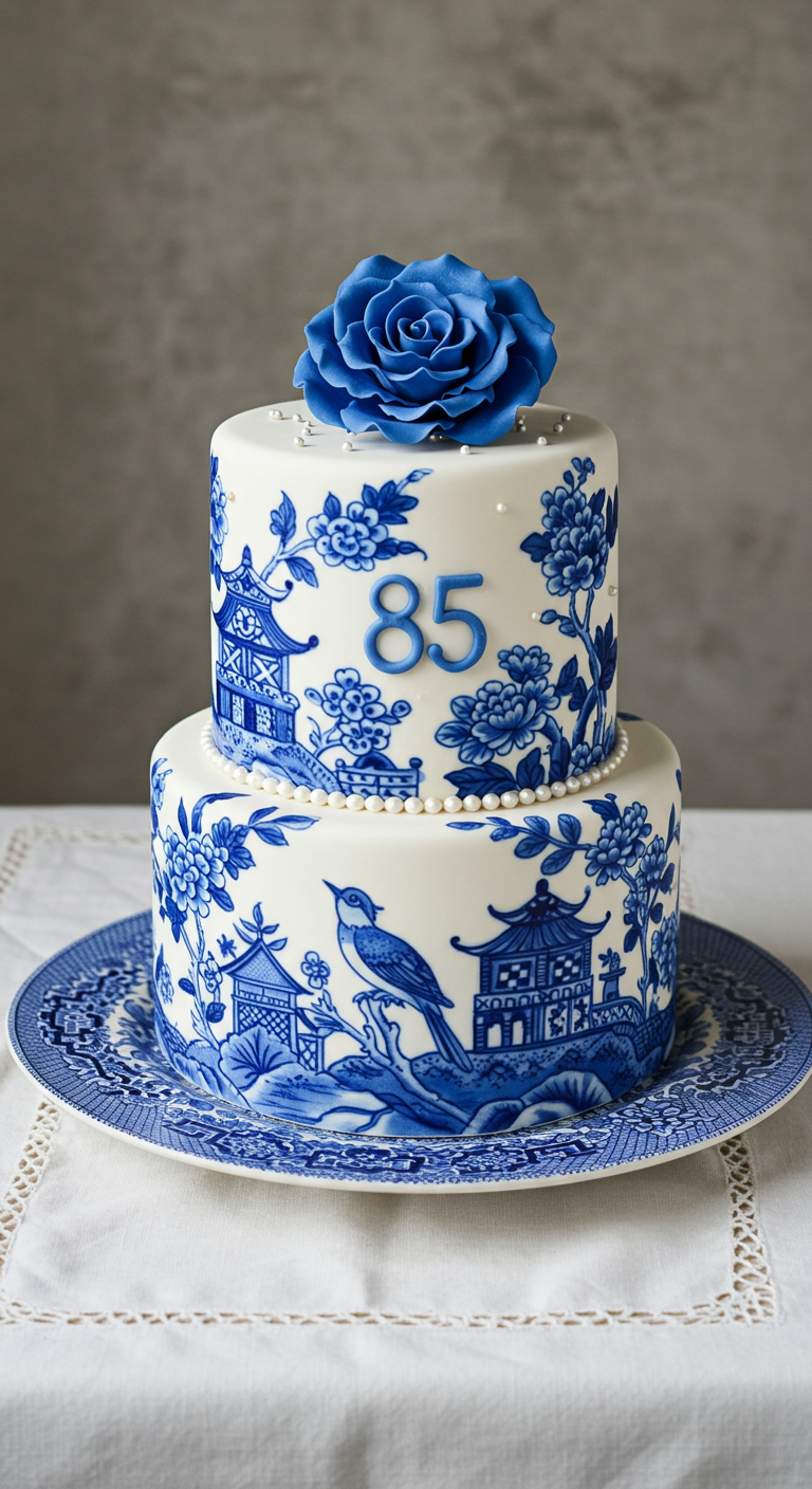 Zweistöckige weiße Torte mit handgemaltem blauem Chinoiserie-Muster und blauer Zuckerrose.