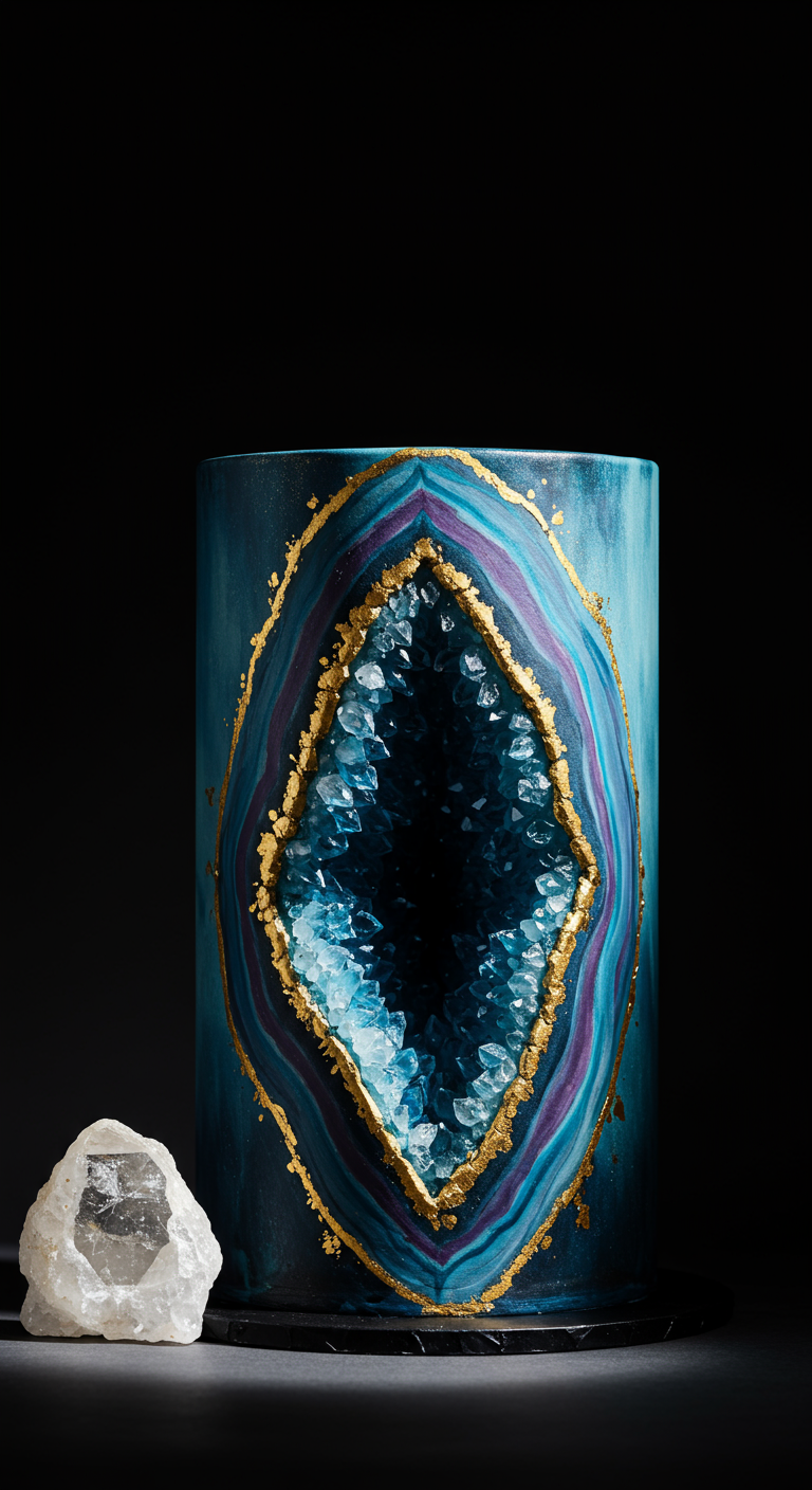 Hohe Torte in Blau- und Türkistönen mit einer aufbrechenden Geode aus blauen Zuckerkristallen und Goldrand.