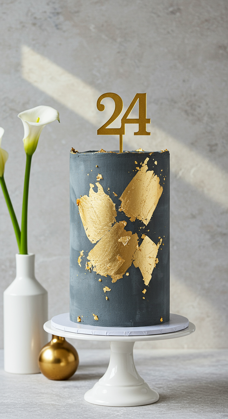Hohe, graue Torte mit großen, abstrakten Goldblatt-Applikationen und goldenem 24-Topper.