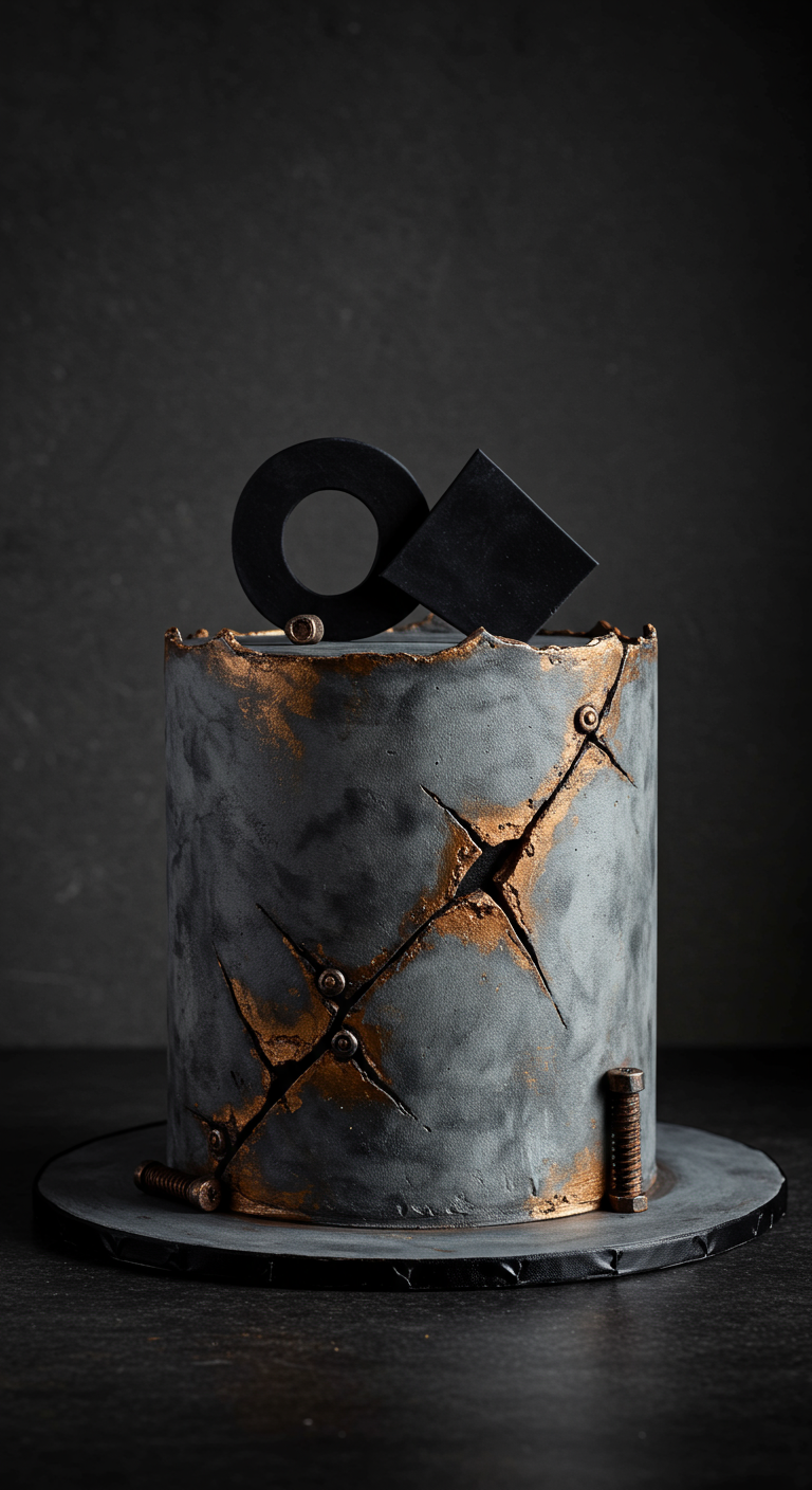Graue Torte im Industrial-Look mit goldenen Rissen, Schrauben und schwarzen geometrischen Toppern.