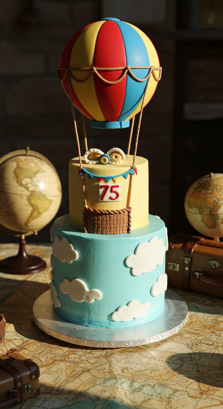 Zweistöckige Torte: untere blau mit Wolken, obere gelb mit Heißluftballon-Aufbau und 75-Schild.