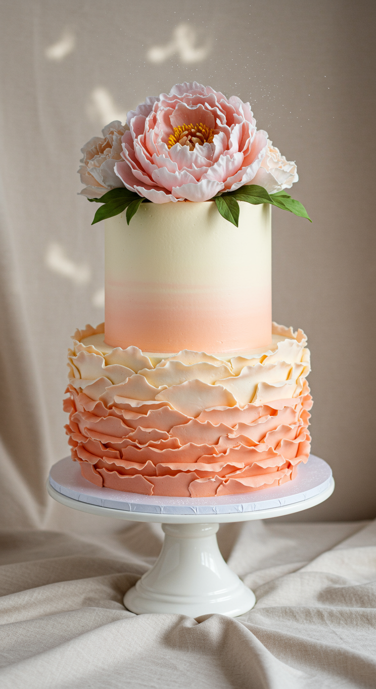 Zweistöckige Torte mit Ombré-Rüschen in Pfirsich und großer Pfingstrose.