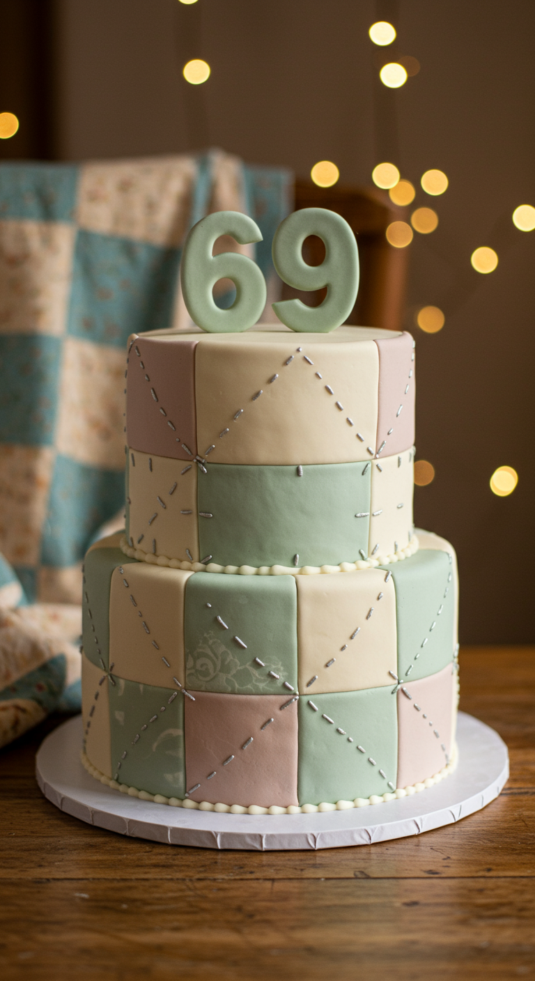 Zweistöckige Torte mit pastellfarbenen Patchwork-Quadraten und gesteppten Details, Zahl 69.
